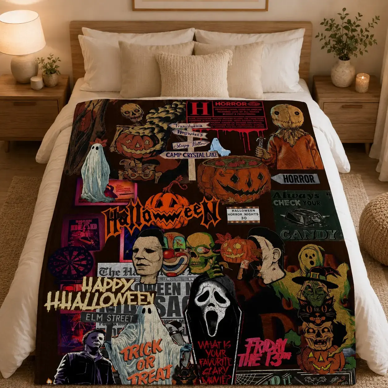 Halloween Horror Collage Flannel Blanket Retro Vintage Horror Movie Poster Style Ultra Soft Plush Throw Blanket Cozy Lightweight Bedding Blanket for Bed Sofa Couch Bedroom Living Room Home Decor Birthday Gift for Horror Fans