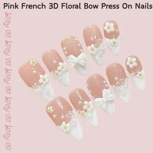 【Lucy UU】High Quality Flower Full Coverage Nails Women Sweet 3D Wearable Nail French Loveful Reusable Press On Fake Manicure