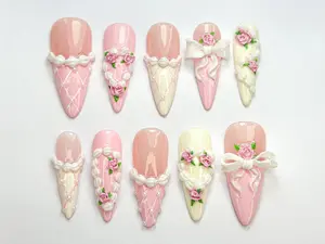 Romantic Pink Press On Nails | 3D Blush Vintage Nail Set | Long French Ribbon Nails | Romantic Pink Press On Nails