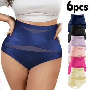 Womens High Waist Crisscross Compression Shapewear Panties 6 Assorted Colors,Sheer Mesh Tummy Control Butt Lifting Briefs Plus Size M to XXXL Soft Breathable Slimming Underwear Faja Body Shaper for Daily & Postpartum Wear