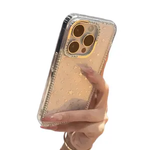 Ins minimalist luxury style silver foil iPhone 17 Pro Max phone case, glittering diamond iPhone 15 star pattern, for women