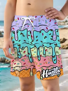 Boys' Ice Cream Print Swim Trunks, Elastic Waist Beach Shorts, Comfortable Clothing, Perfect for Vacation & Casual Wear, Swim Board Shorts