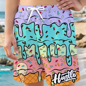Boys' Ice Cream Print Swim Trunks, Elastic Waist Beach Shorts, Comfortable Clothing, Perfect for Vacation & Casual Wear