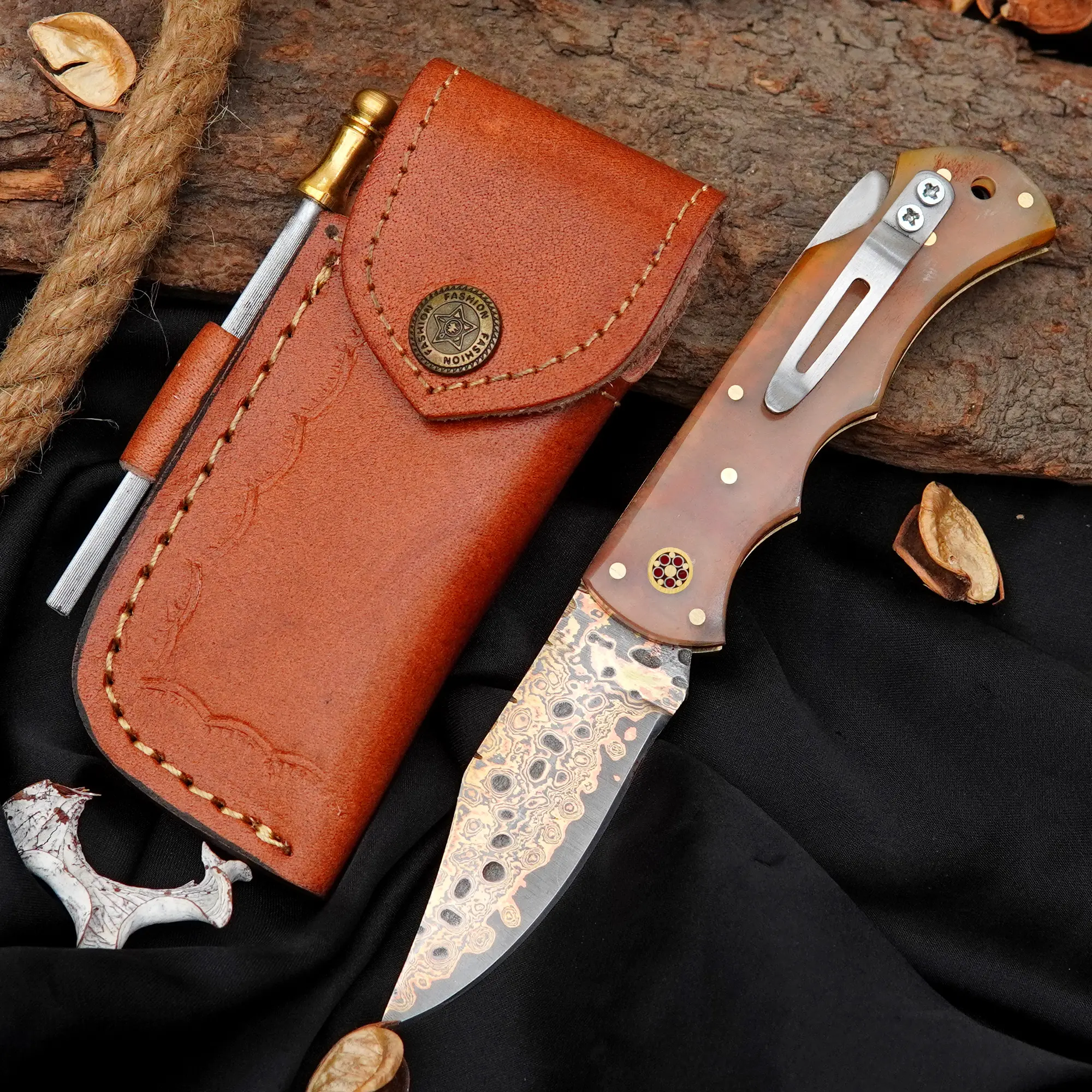 Handmade Damascus & Copper Folding Knife – Bone Handle – Premium EDC Gentleman's Knife