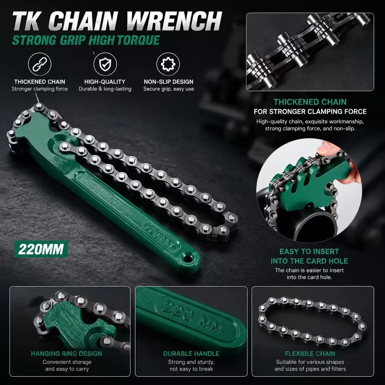 Chain Wrench, Thickened Chain Strong Grip, Strong Clamping Force, Anti-Slip Secure Grip High Torque Design, Durable, Workmanship, 220mm Universal Size, Easy Oil Filter Removal, Suitable For Pipes And Filters, Repair Tool