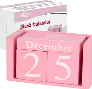 MICKYU Pink Perpetual Desk Calendar - Reusable Wooden Block Calendar, Cute Farmhouse Desk Decor & Gift for Women, Teachers, Coworkers - Perfect for Small Office Desks