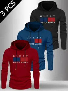 Men's 3-Piece Set Letter Pattern Print Hooded Long Sleeve T-Shirt, Fall & Winter Outdoor Casual Versatile Top, 3 Pieces Pack, Menswear