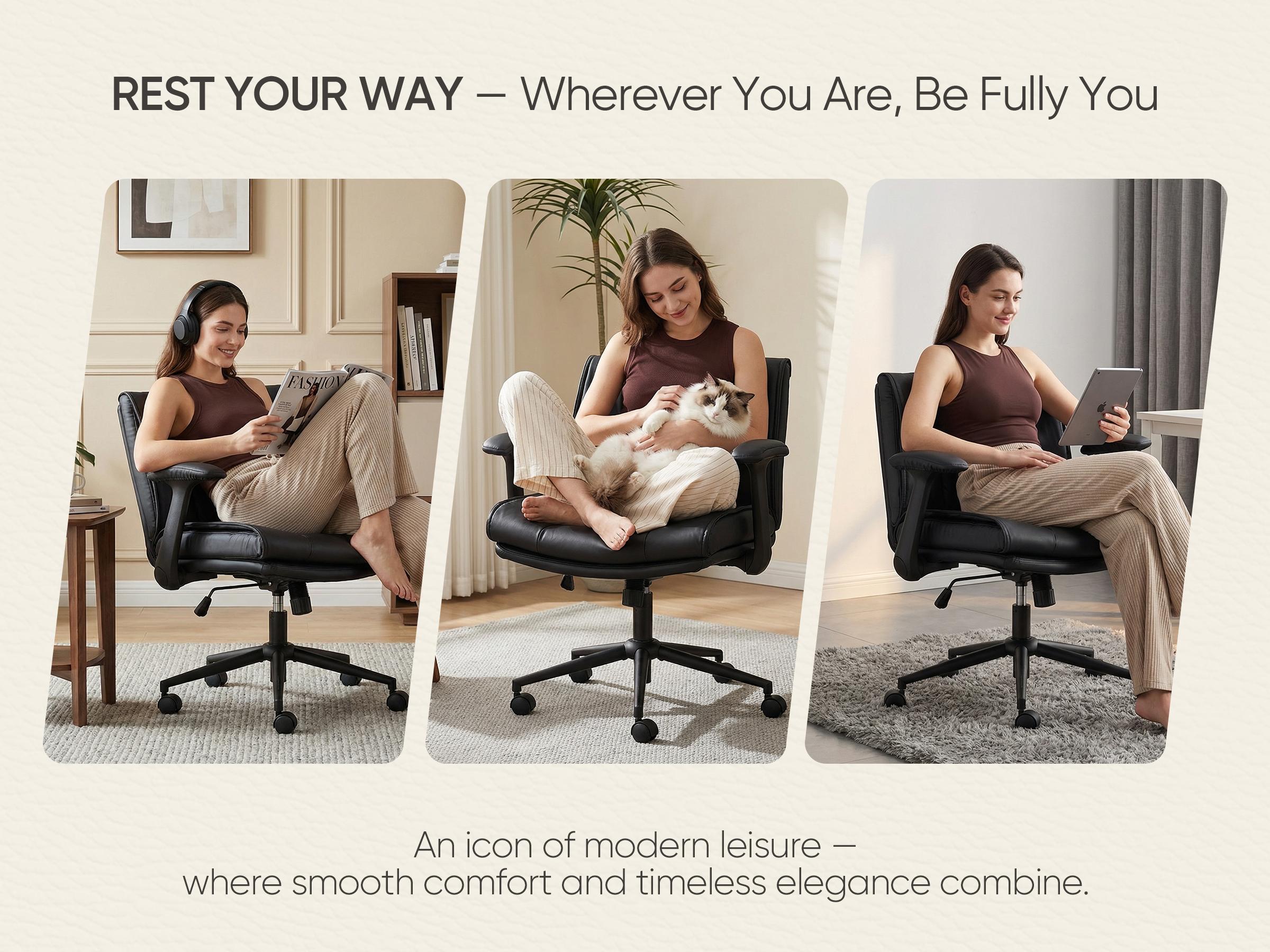 WELAX Criss Cross Office Chair with Flip-Up Armrests, Cross Legged Desk Chair on Wheels, Comfy Ergonomic Swivel Chair with Wide Seat for Home Office, Vanity, Accent, Black Leather