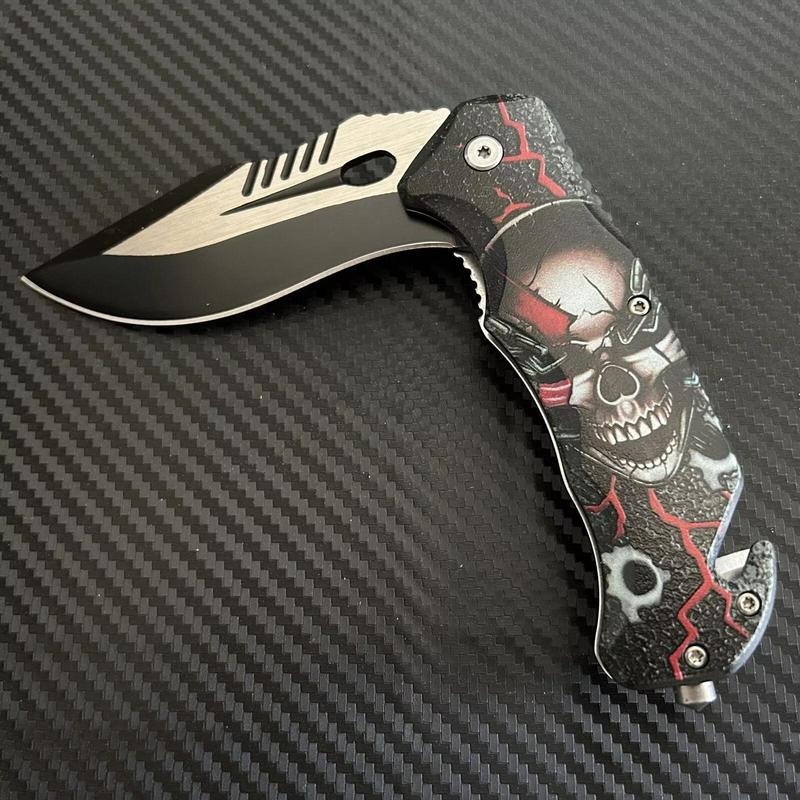 Skull Magic Belt Clip Folding  -lightweight EDC  , skull and lightning design, left and right hand universal lock and glass breaker, legal pocket  fold straight  sharp blade men outdoor survival fruit cutting multifunctional portable tactical knife
