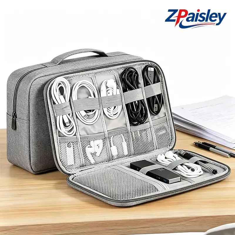 Cable Organizer Bag, Waterproof Travel Electronic Storage, Shockproof Portable Double Layer Tech Bags Carrying Case for Cord, Earbuds, Charger, SD Card, Black