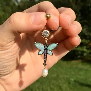 Vintage Blue Opal Dragon Fly Pearl Belly Button Ring