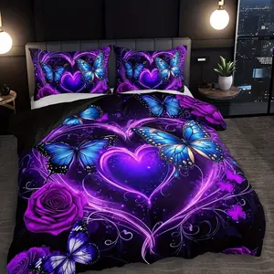 3PCS purple love rose butterfly duvet cover set (1 quilt cover + 2 pillowcases without quilt core), high-definition printing for home dormitory