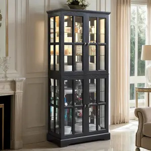 Eyisean Lighted Display Curio Cabinet, 69" Wood China Display Case with Glass Doors & Adjustable Shelves, Light Bulb Included, Freestanding Tall Wine Storage Rack for Bar and Liquor Storage, Living Room