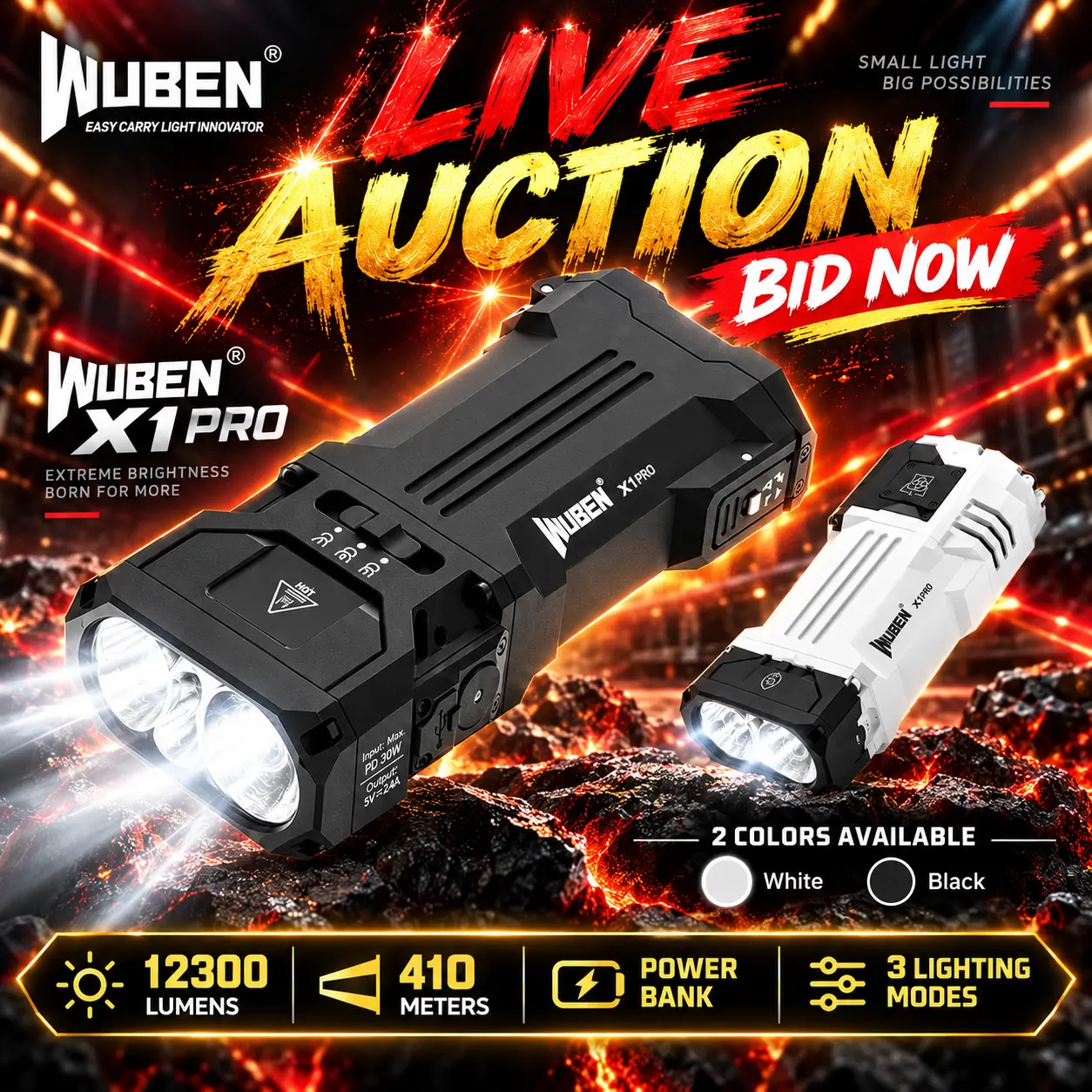 【LIVE AUCTION】WUBEN X1 PRO Rechargeable Flashlight, 12300 Lumens High Lumen LED EDC Flashlight with Dual Light Sources, Multi-Mode Lighting, USB-C Fast Charging, Power Bank, IP65 Waterproof for Camping, Outdoor & Emergency