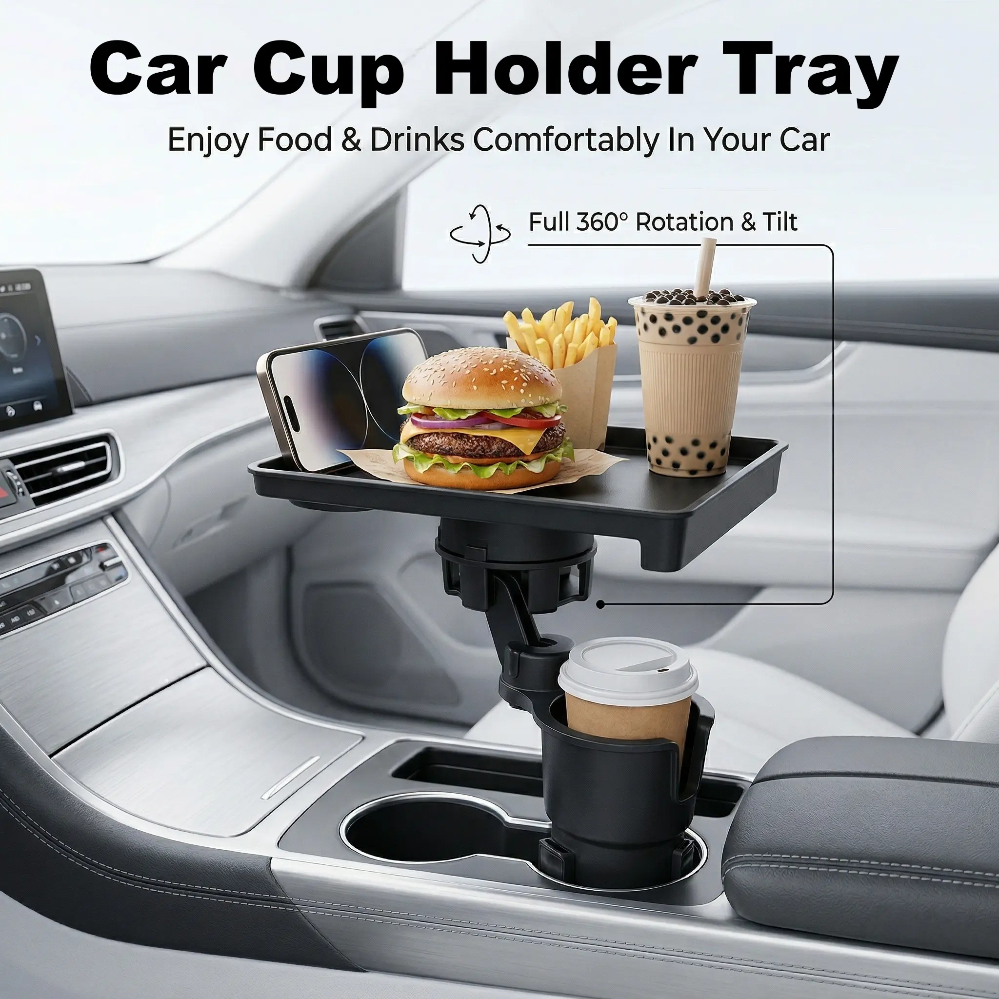 Black Plastic 2-in-1 Car Food Tray & Cup Holder Expander - Adjustable Base, Compact Swivel Design, Detachable Snack Tray, 5 kg Load, Fits 6.5-9.5 cm Holders, 18.2 × 14 × 26 Cm, Road Trip Essential, Phone Movie Viewing Support, Car Interior Stowing Accesso