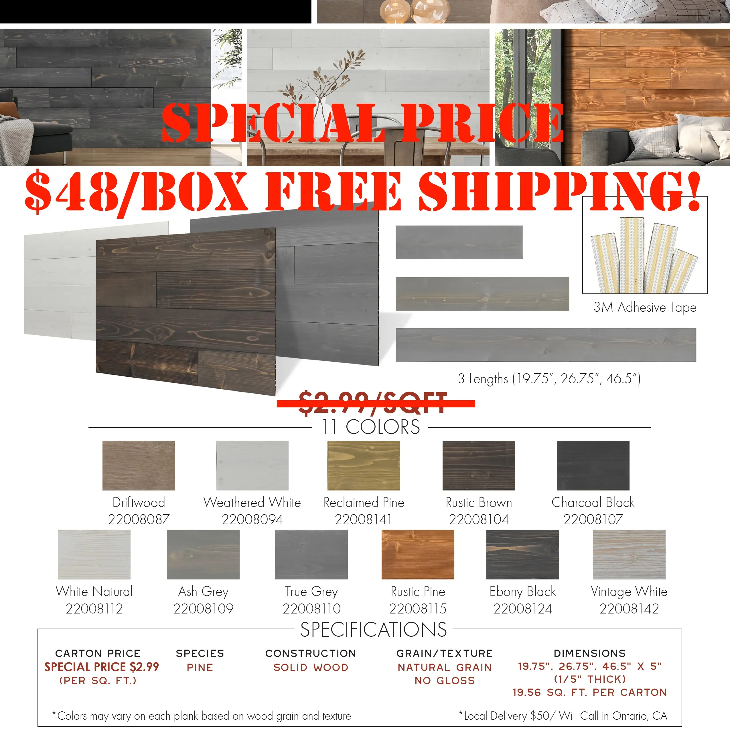 Solid Wood Wall Panels 2mm, in Reclaimed Pine Finish, Variable Length Box
