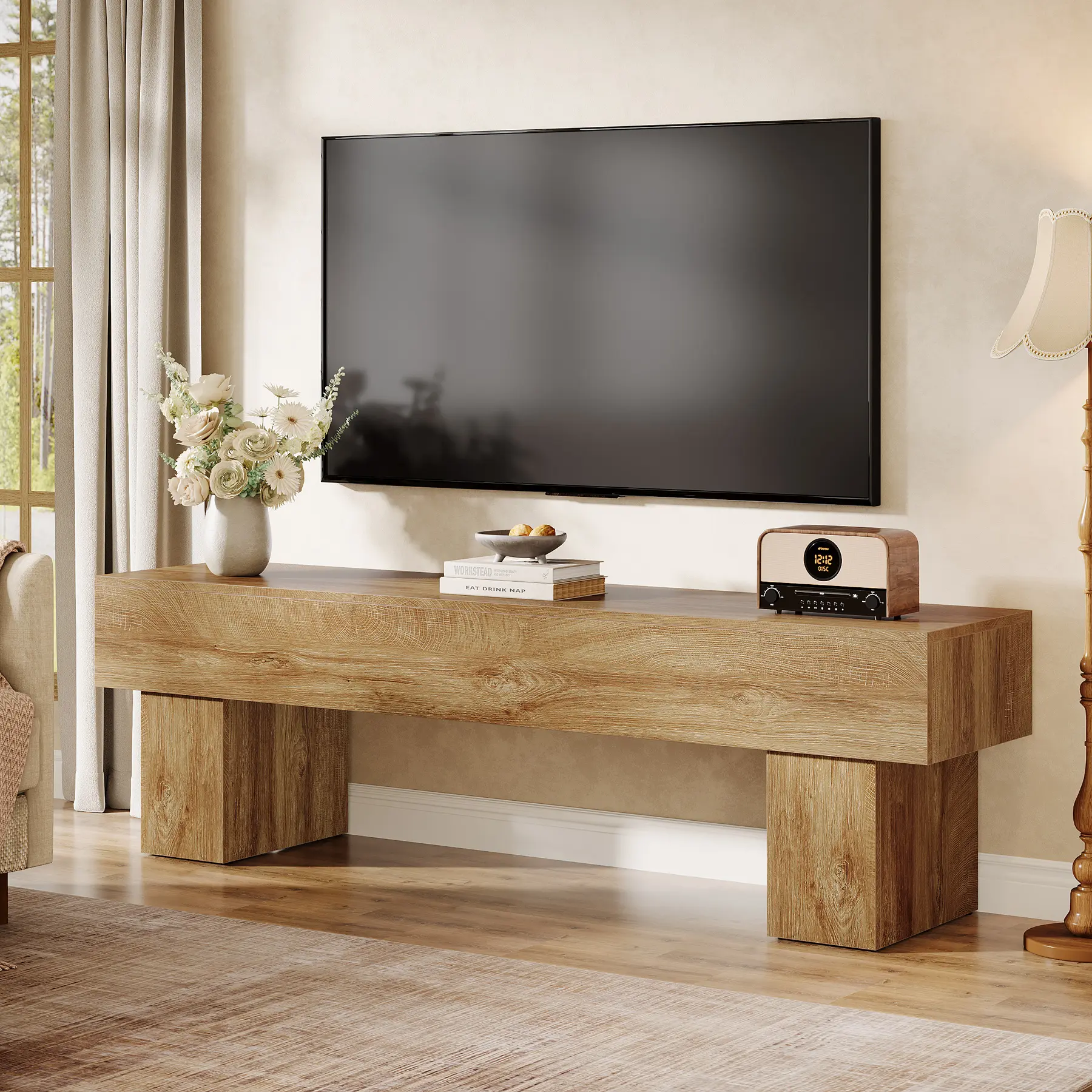 LITTLE TREE 63" TV Stand, Farmhouse Entertainment Center, Low TV Console Table for Living Room, Long Media Console Television Stands for 55/60/65 Inches TV