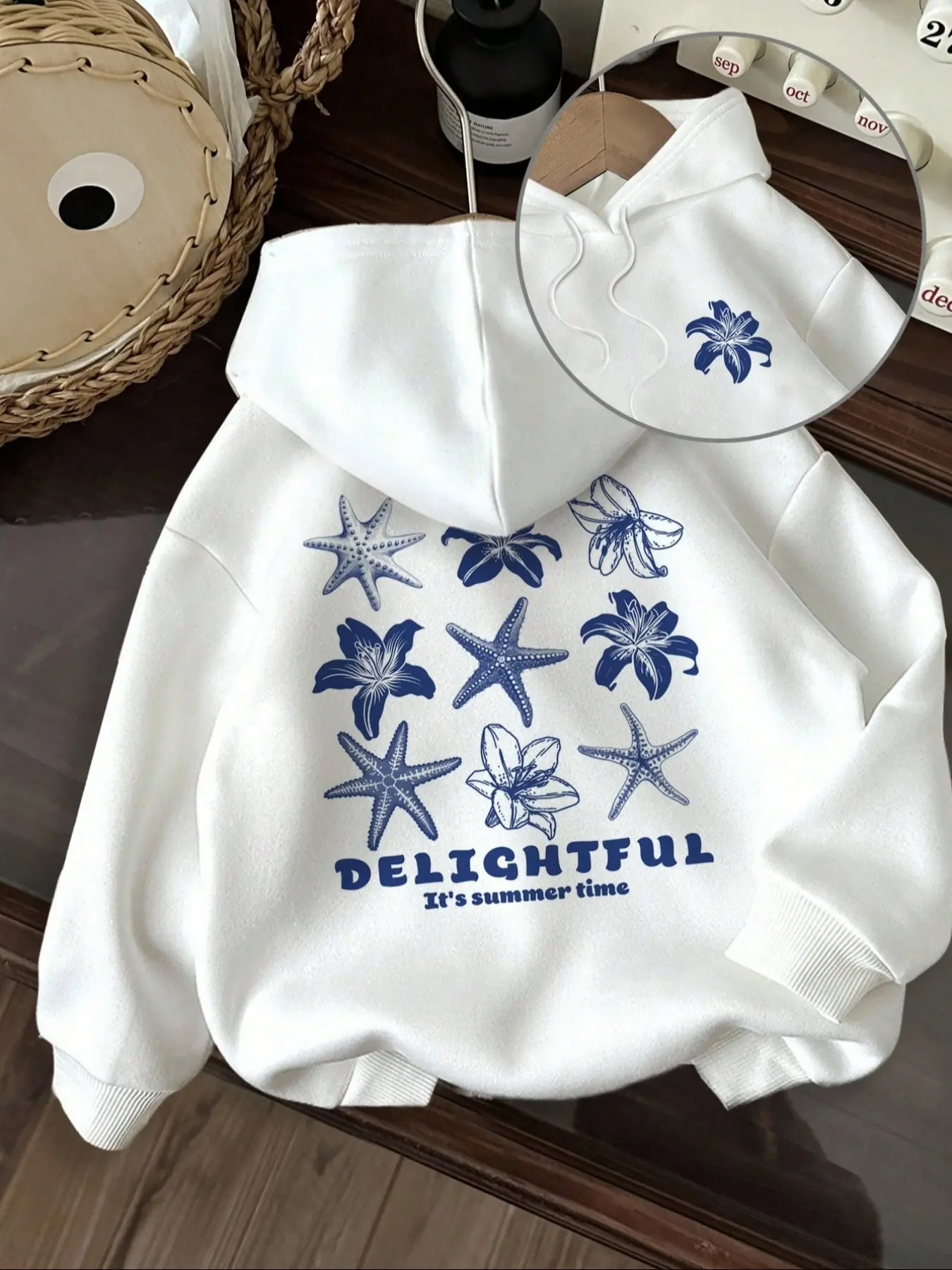 Women's Dropped Shoulder Hoodie with Floral and Starfish Prints, Casual Loose-Fit Drawstring Pocket Sweatshirt for Fall & Winter