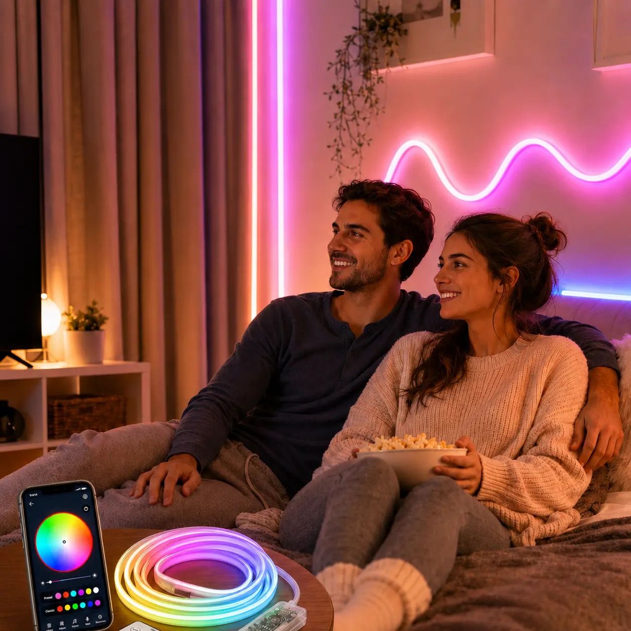 Date Night Mood Lights, 5M RGBIC Neon Rope Light with Bluetooth App, Remote Control and Adjustable Color Effects, USB Powered Ambient Lighting for Bedroom, Living Room and Romantic Evening Decor