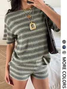 Women's Striped Crop Top & Elastic Waist Shorts Set, Casual Loose-Fit Design, Perfect for Daily Wear, Comfortable Home