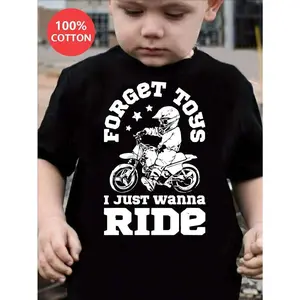 Boys' Motocross-Inspired Cotton T-Shirt - "Forget Toys I Just Wanna Ride" Dirt Bike Graphic, Cotton Short Sleeve, Crew Neck In Black - Soft & Durable For All Seasons