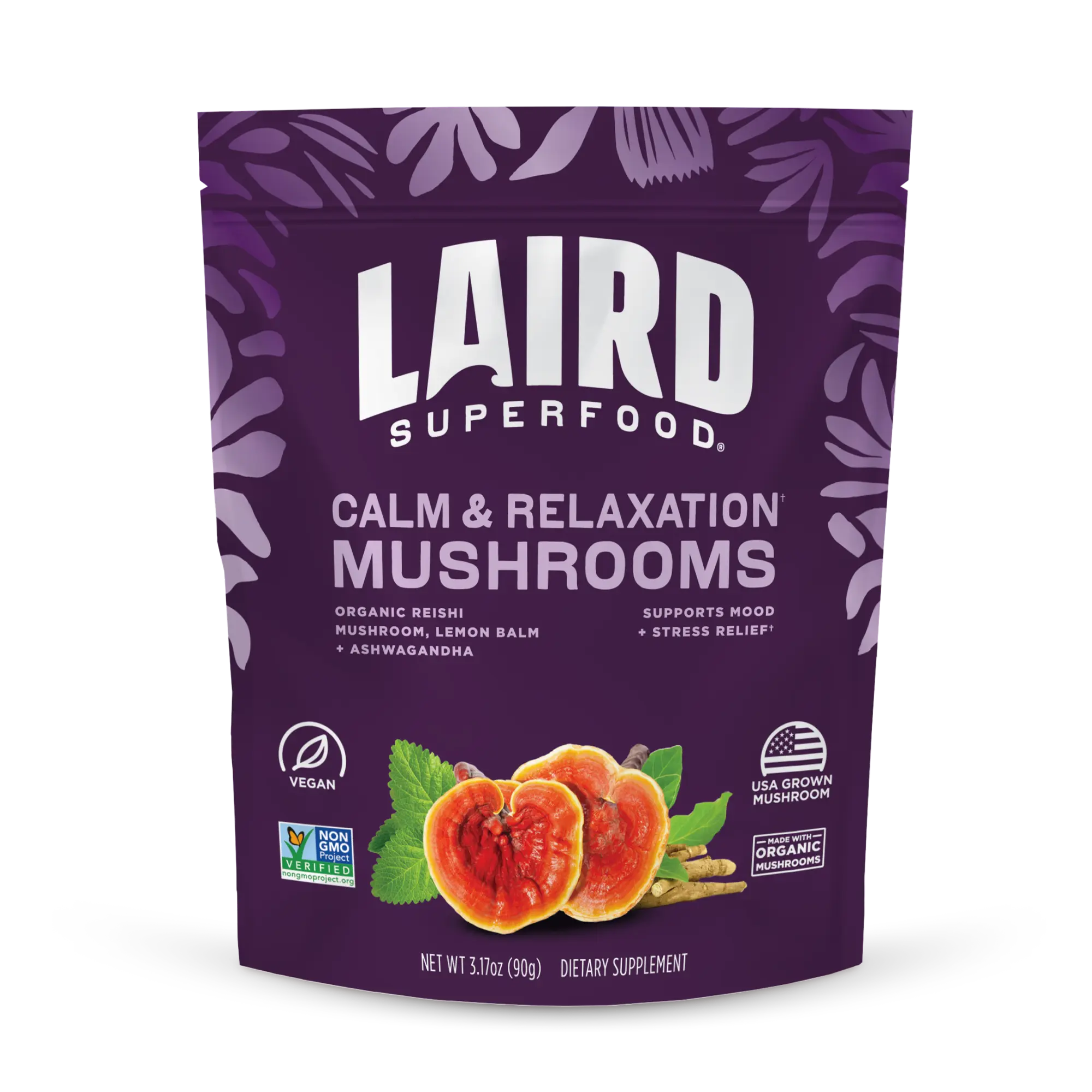 Laird Superfood Calm & Relaxation Mushrooms Organic Reishi Lemon Balm Ashwagandha 3.5oz Dietary Supplement for Stress Relief & Balanced Mood Support