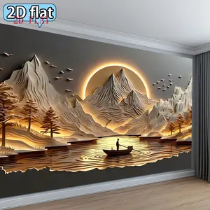 2D flat. 1pc Warm Golden Natural Landscape Paper-Cut Scenery Theme Tapestry Banner Background Cloth Home Decoration Photography Backdrop