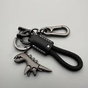 Trendy Metal Dinosaur Keychain, Premium Braided Rope and Leather Strap Key Holder, Cool Durable Key Pendant for Car & Motorcycle Keys, Fashion Bag Accessory and Ideal Gift for Him,summervibes