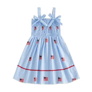 Imcute Little Girl 4th of July Dress Striped American Flag Embroidered Tie Shoulder Smocked A-line Dresses for Summer Spring