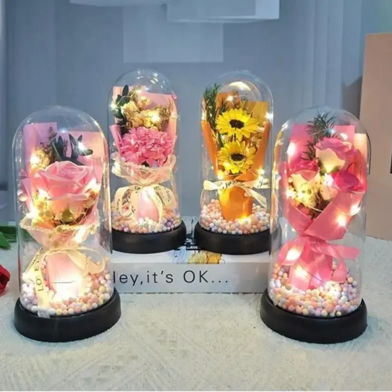 Light Up Dome Soap Rose Bouquet Enclosed In Transparent Cover, Eternal Artificial Flower Ornament With Fairy Lights, Decorative Tabletop Display, Thoughtful Holiday Gift For Women On Anniversary And Mother’s Day
