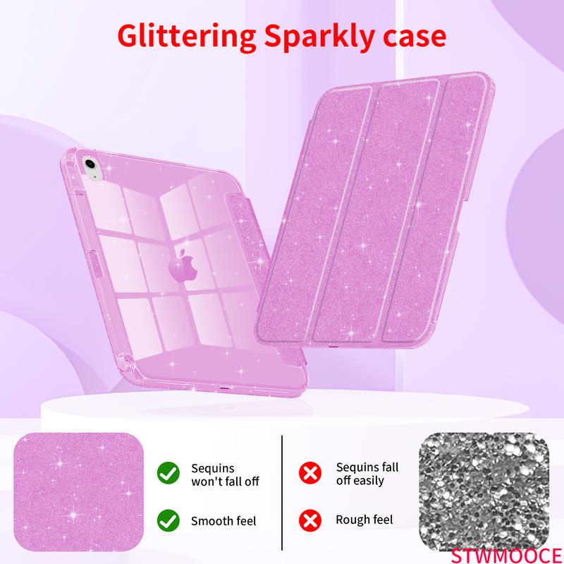 STWMOOCE iPad Case for 11-inch A16, 10.9-inch 10th Gen, Air4/5th, Air M2/M3, Pro 3/4/5th, Pro M4/M5, 12.9/11/13-inch M4/M5 - Glitter Cover with Sparkly Clear Transparent Casing, Pink PU Leather, Colorful Protective Tablet Case