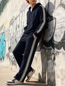 Men's Spring Hooded Half-Zip Long Sleeve Jacket and Straight Leg Pants Set, Relaxed Fit, Casual Sporty Style, Activewear, Youthful Hip-Hop Fashion, Men's Clothing