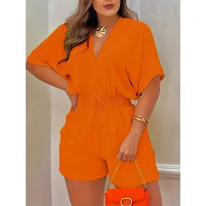 Solid V Neck Romper, Elegant Short Sleeve Shirred Waist Jumpsuit For Spring & Summer, Women's Clothing Fabric Womenswear