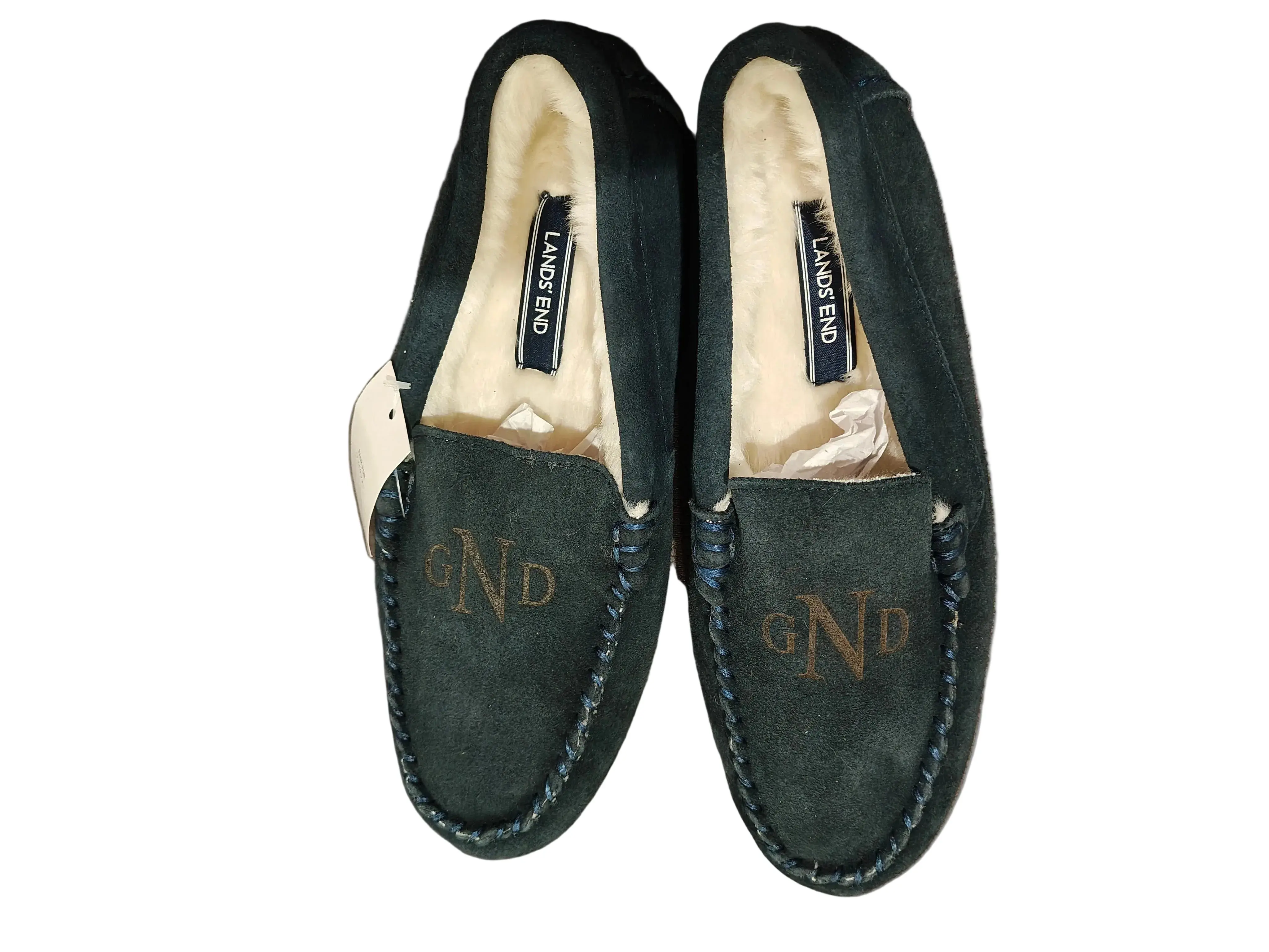 Women's GND Monogrammed Suede Moccasin Slippers, Classic Closed-Toe Slip-On with Faux Fur Lining and Cushioned Foam Insole, Navy Blue, Footwear, Furry Lined