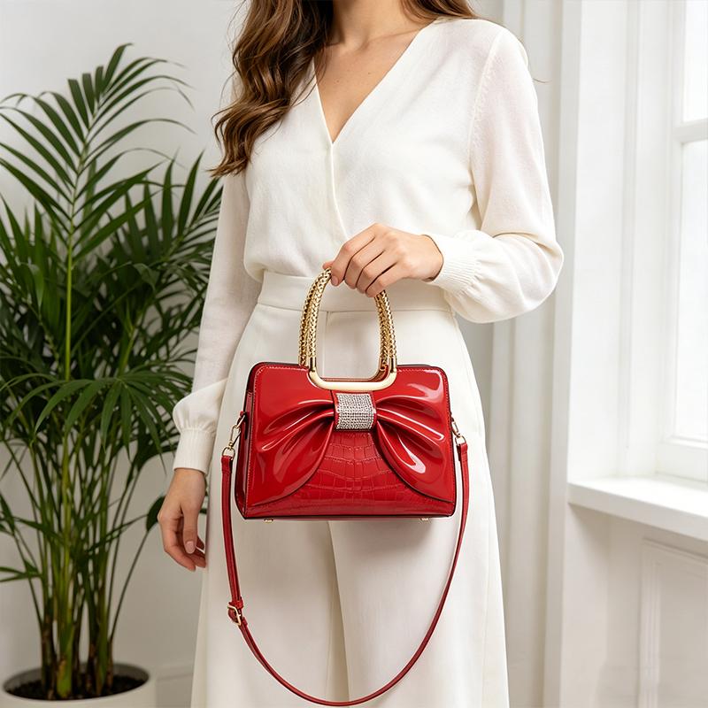 Women’s glossy leather handbag with top handle — medium-structured shoulder/handbag with adjustable strap