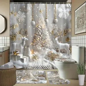 1pc/3pcs/4pcs Luxury Winter White & Golden Glitter Shower Curtain with Golden Cord & Ring System - Heavy-Duty Texture-like Texture, Machine Washable for Bathtub & Shower, Elegant Bathroom Decor (Compatible with Single/Double Panels) - Chris