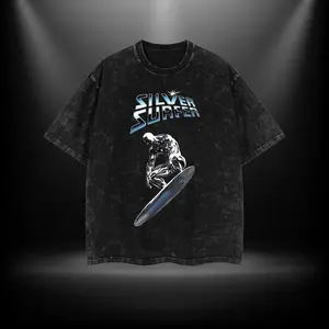 Silver Surfer Fantastic 4 MCU Comic Double Printed Oversize Lightweight Acid Washed Tee TV Series Graphic Top Cotton Streetwear T-Shirt boys merch Men's Regular Fit Floral Print Tee washed  streetwear