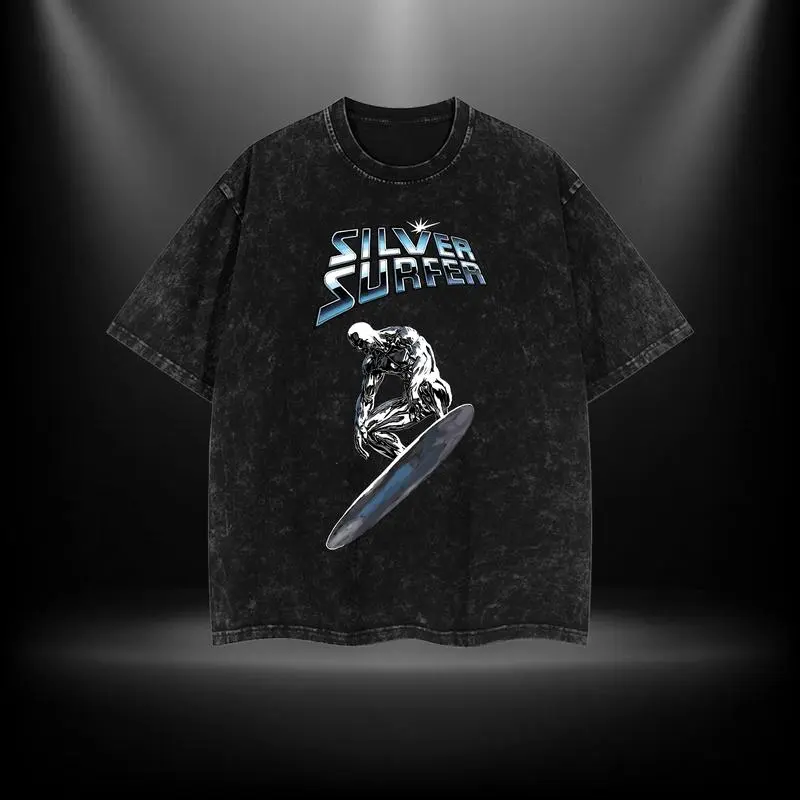 Silver Surfer Fantastic 4 MCU Comic Double Printed Oversize Lightweight Acid Washed Tee TV Series Graphic Top Cotton Streetwear T-Shirt boys merch Men's Regular Fit Floral Print Tee washed  streetwear