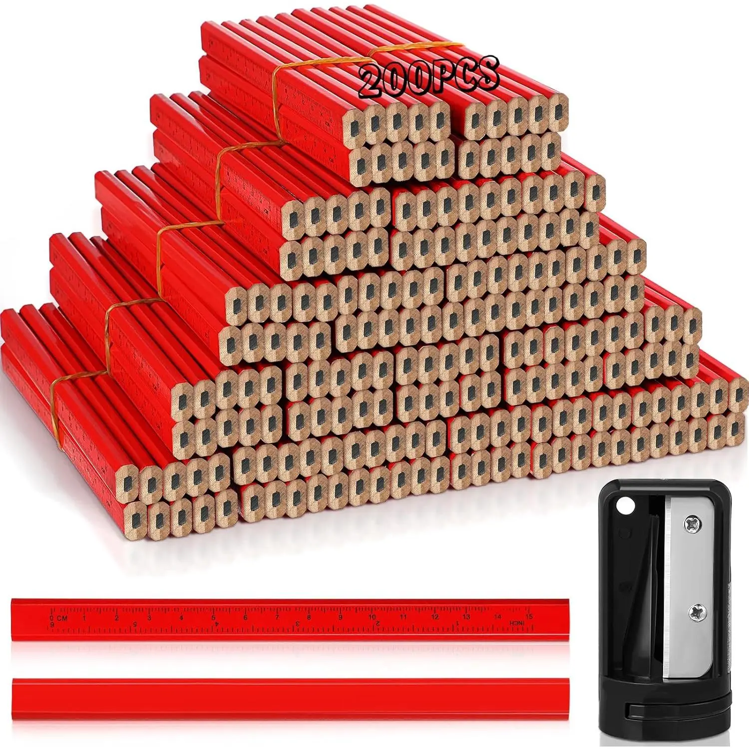 Carpenter Pencil Set 202 Count Flat Construction Pencils with Printed Ruler, Mechanical Pencil Sharpener for Woodworking Marking Tool