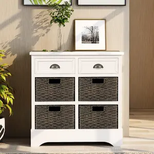 HAOYYE Rustic Storage Cabinet with Two Drawers and Four Classic Rattan Baskets for Dining Room or Living Room, White, Sturdy Space-Saving Design, Heavy Duty Construction, Easy Assembly, Durable and Stylish Home Furniture