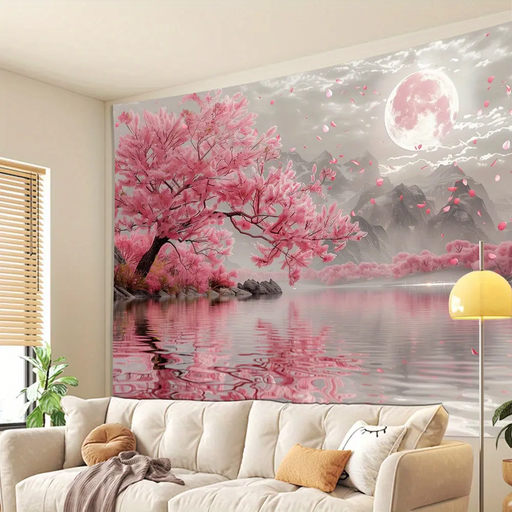 Watercolour Geometric Pink Cherry Blossom Tree Lake View Wall Tapestry - 40*60in, Durable Polyester, Easy to Clean, No Power Needed, Brightening Home Decor, Ideal for Room Decoration, Gift, Synthetic