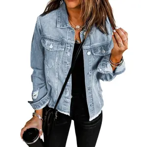 Women's Jean Jackets Casual Non Stretch Boyfriend Washed Distressed Ripped Lapel Long Sleeve Denim Outwear Tops Spring Womenswear Outfits
