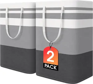 2PCS 75L Tall Cotton Flax Clothes Storage Basket with Metal Frame, Waterproof Freestanding Collapsible Laundry Basket, Storage Organization Solution for Laundry, Dorm Use