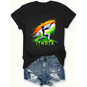 Women's Solid Minimalist India Cricket Cotton Crew Neck Short-Sleeve T-Shirt - Black Casual Unisex Sports Fanwear, Personalized Everyday Summer Top, Comfortable Breathable USA-Made Tee Suitable for All Outfits