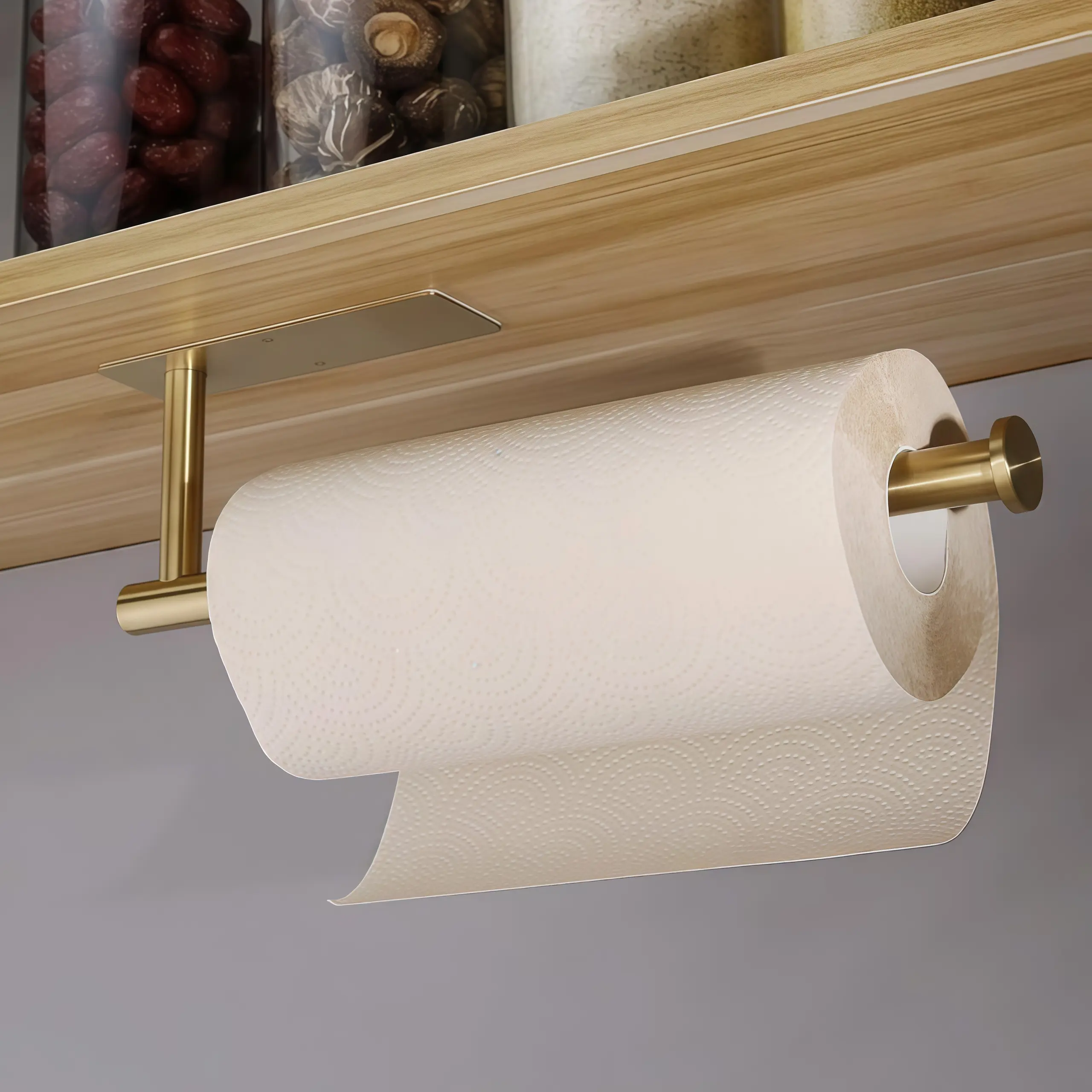 1 piece of gold kitchen stainless steel rack, storage rack under kitchen hanging cabinet, kitchen paper hanging rack, cabinet bottom tissue storage artifact, bathroom roll paper holder, cling film storage hanging rod, no need for drilling and pasting