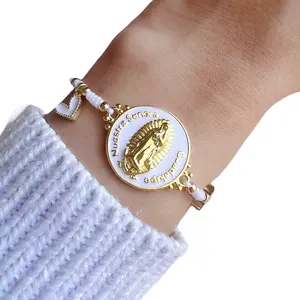 Virgin Mary Bracelet, Our Lady of Guadalupe White String Bracelet, Adjustable Religious Bracelet with Cross and Heart, Catholic Gift for Her
