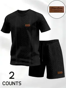 Men's Jacquard Texture Set, Summer Pattern Print Crew Neck T-Shirt with Drawstring Shorts, Stylish 2-Piece Casual