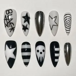 Black and White Gothic Press On Nails, Punk Rock Skull Star Striped Nail Art Set, Long Stiletto Fake Nails