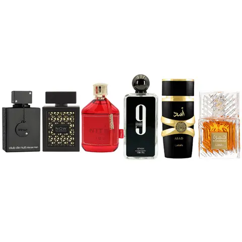 Sterling Parfums Arabian Fragrance Set for Adults - 4-Pack Boxed Alcohol-Based Cologne Bundle: Armaf Intense EDT 3.6oz, Lattafa Rave Asad Khamrah EDP 3.4oz, Nitro Red Afnan 9 PM EDP, Floral Jasmine Aromatic Woody Citrus Ginger Fresh Fruity Perfume Spray
