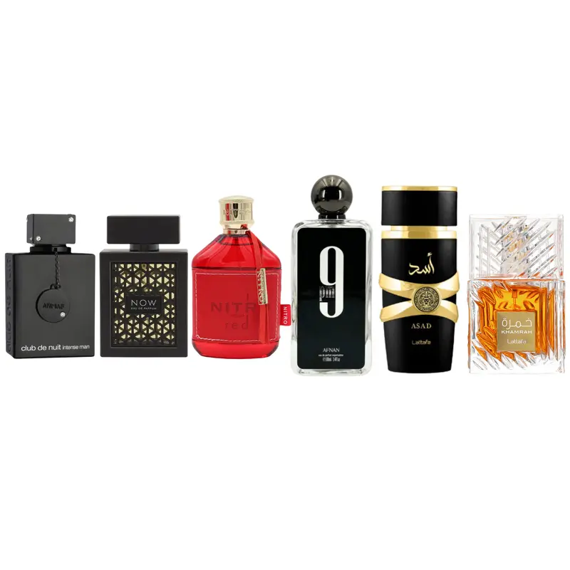 Sterling Parfums Arabian Fragrance Set for Adults - 4-Pack Boxed Alcohol-Based Cologne Bundle: Armaf Intense EDT 3.6oz, Lattafa Rave Asad Khamrah EDP 3.4oz, Nitro Red Afnan 9 PM EDP, Floral Jasmine Aromatic Woody Citrus Ginger Fresh Fruity Perfume Spray